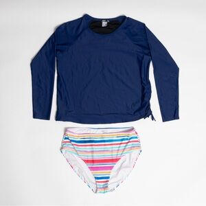 Venus Navy Long Sleeve Rashguard Swim Top and Striped Bikini Bottom